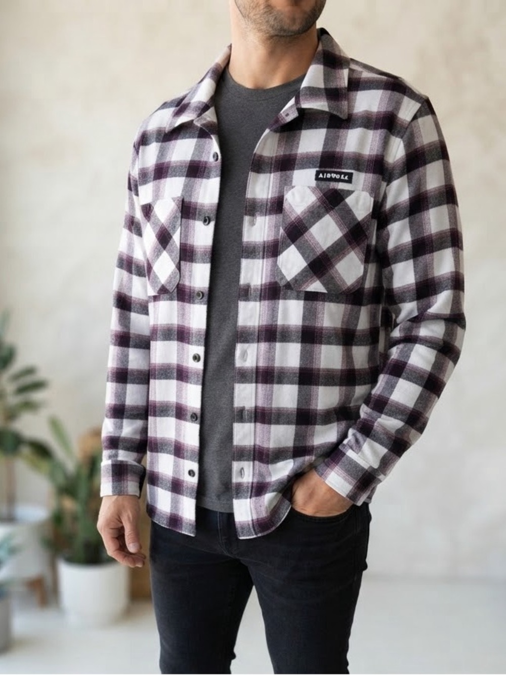 AIRWALK Plaid Flannel Button-Down Shirt M 22.5” p2p Purple/White EUC